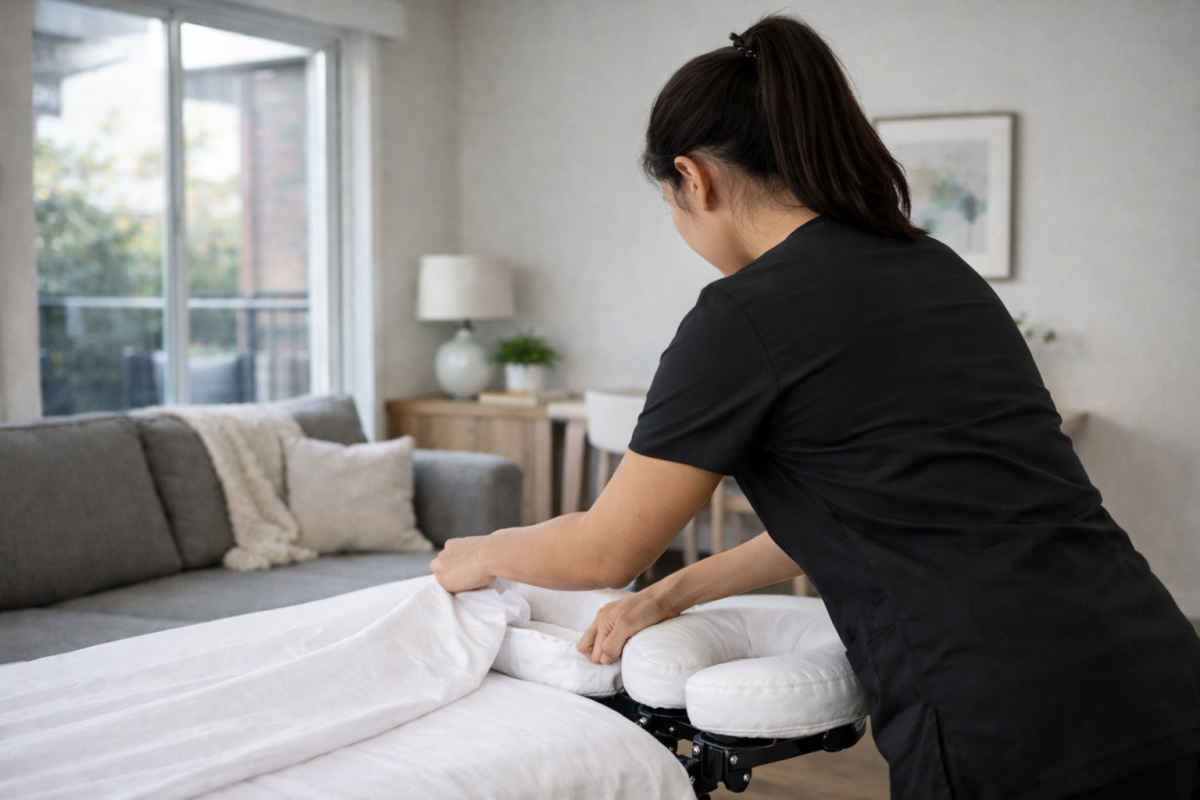 Registered Massage Therapist setting up portable massage table for mobile massage therapy in Ottawa home